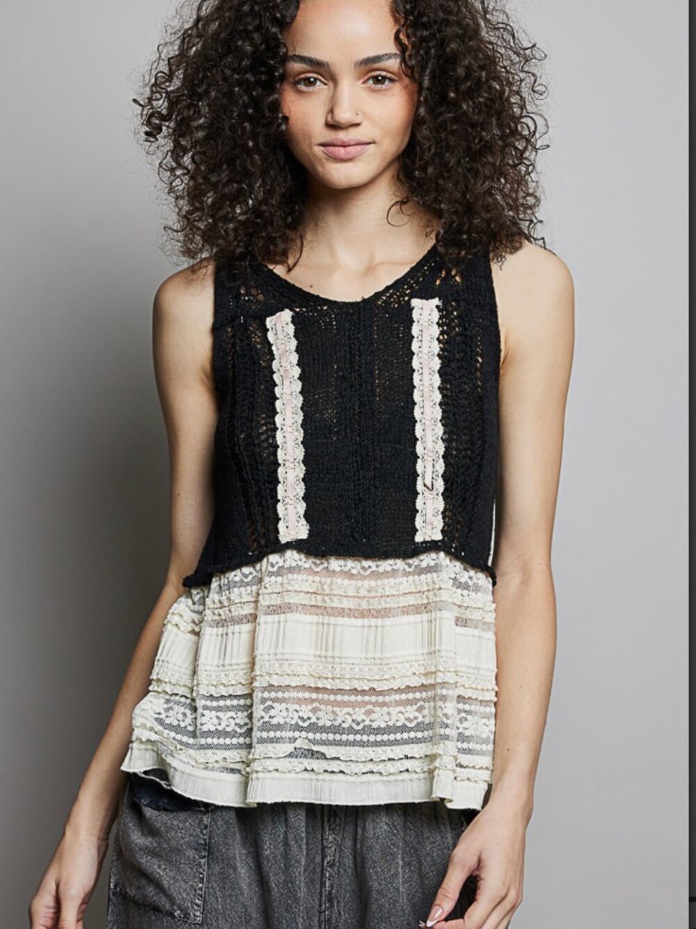 POL Black Ivory Boho Crochet Lace Ruffle Tank Top Black Small Medium Large
